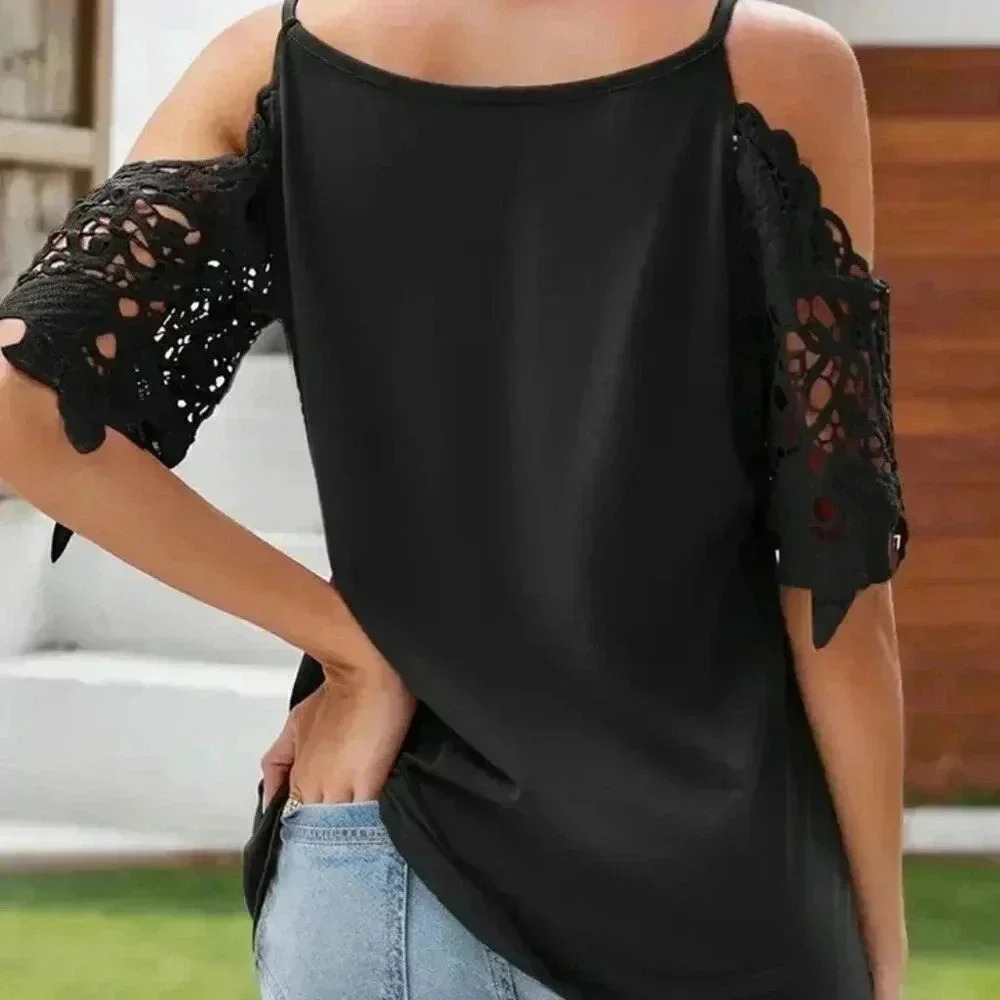 Sexy V Neck Off Shoulder Tops (Color: Black) - Picture 2 of 3